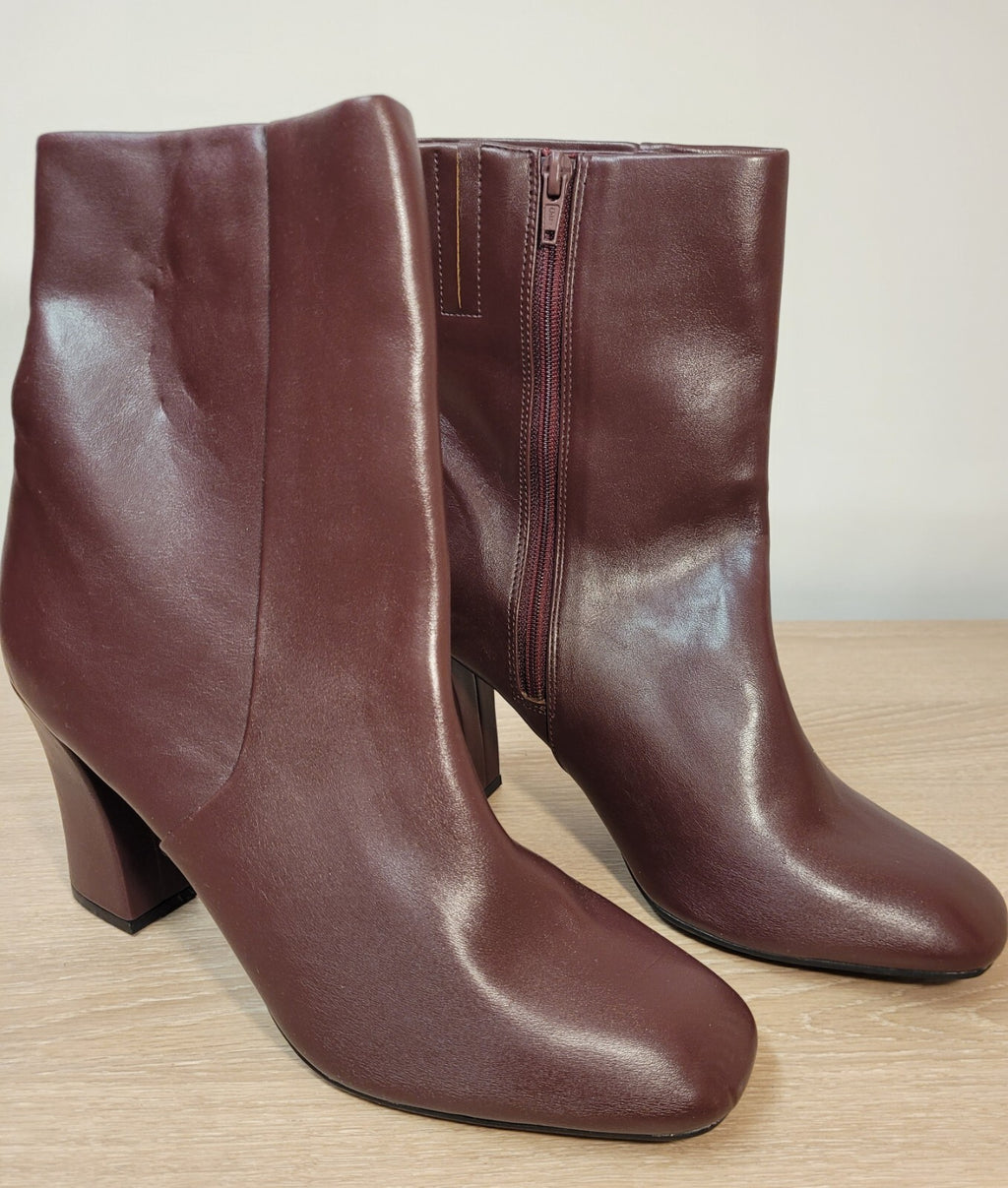 M&amp;S Ankle Boots UK 7.5 Brown/Wine Side Zip 7.5cm Block Heel Insolia New
