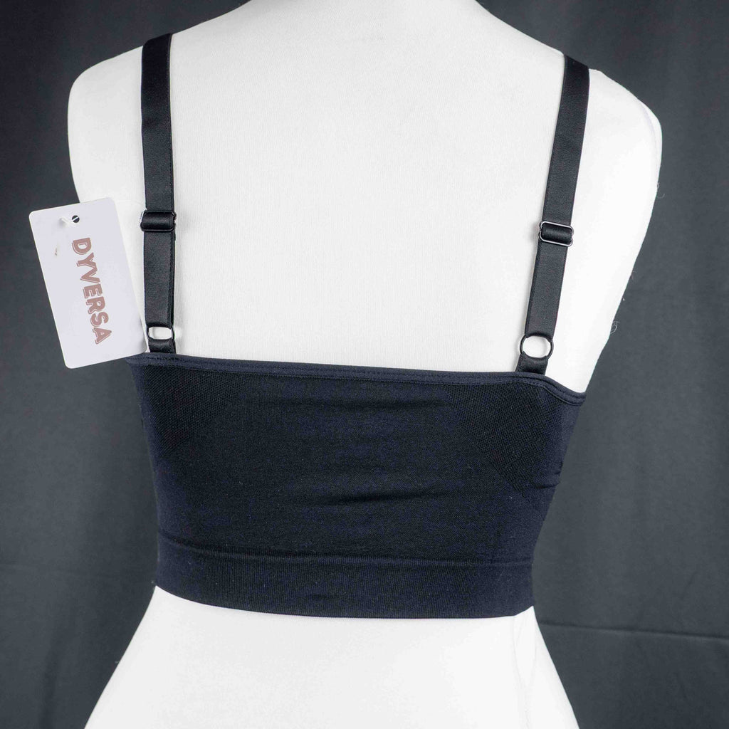 Dyversa black seamless bra with ruched center detail and adjustable straps.