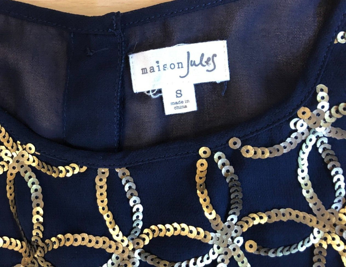 Maison Jules Womens Top Small Navy/Gold Sequined Short Sleeve Round Neck