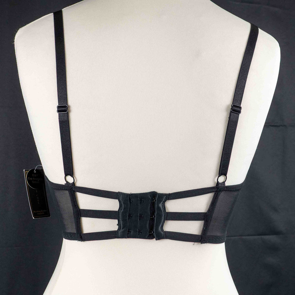 New Look black balconette bra with pink floral embroidery and decorative strappy back.