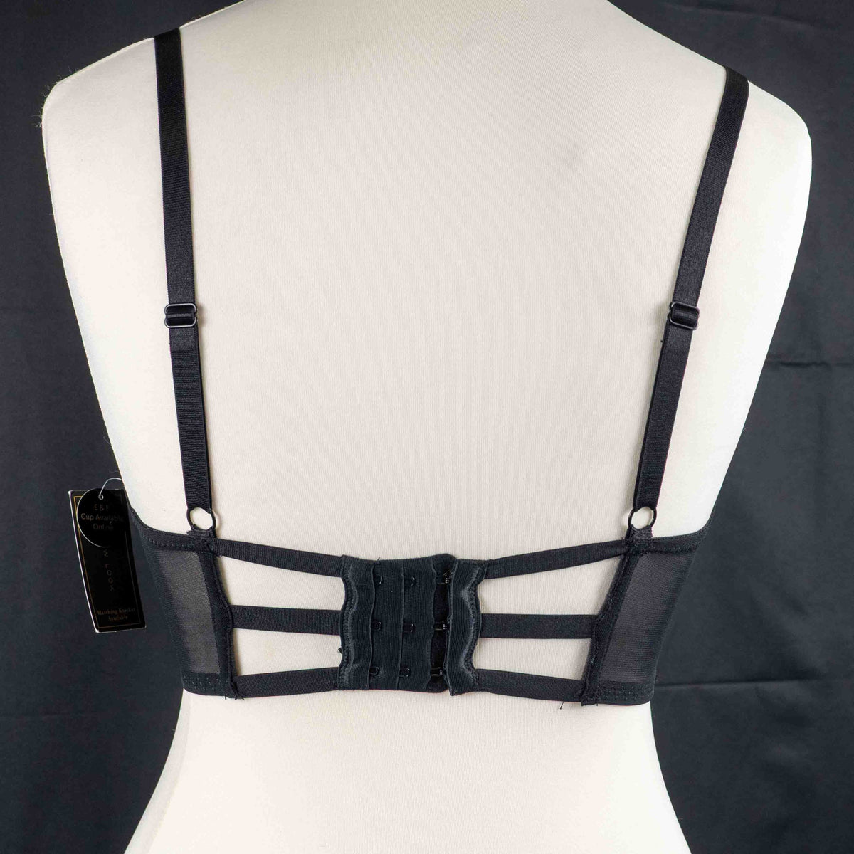 New Look black balconette bra with pink floral embroidery and decorative strappy back.