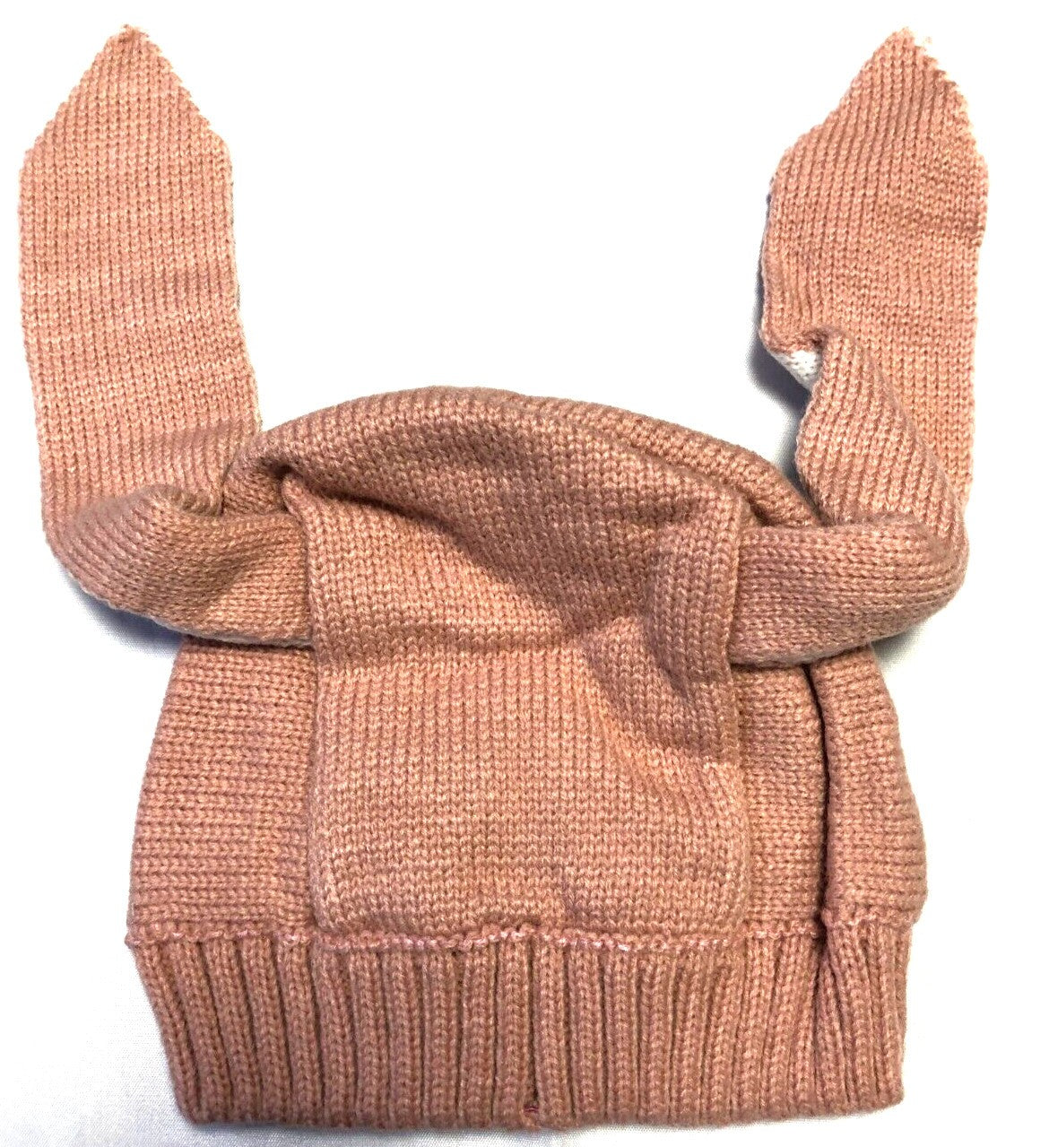 Toddlers brown knitted wooly hat with floppy rabbit ears, balaclava style.