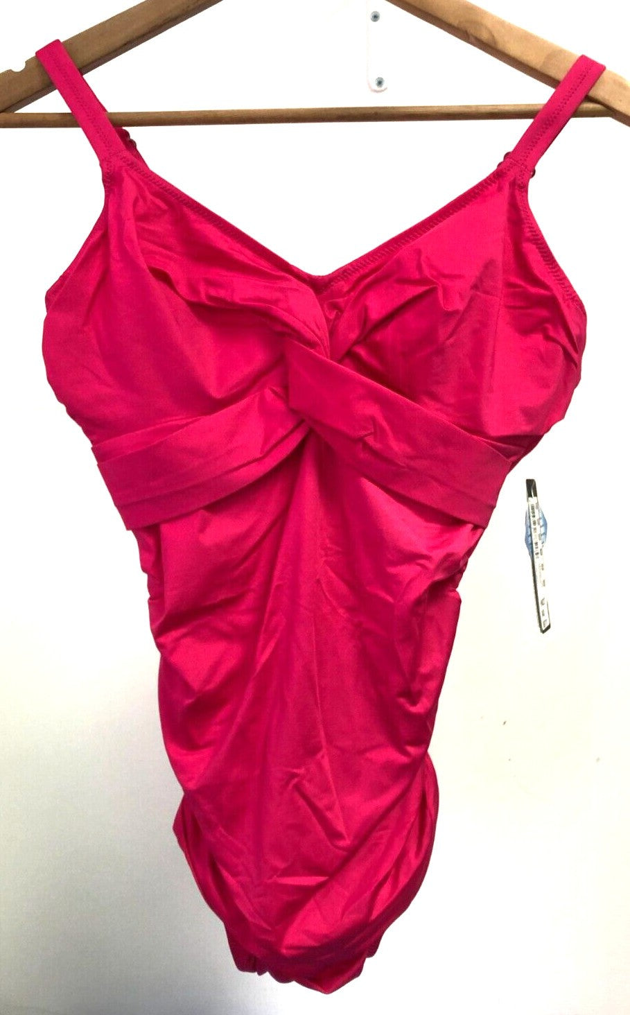 Fantasie pink one-piece swimsuit twist front underwired full cup with gathered sides.