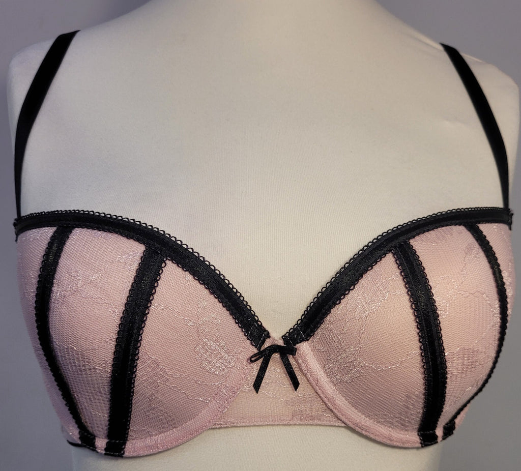 Little Minx Halo Bra 32D Pink/Black Balconette Underwired Padded New with Tags
