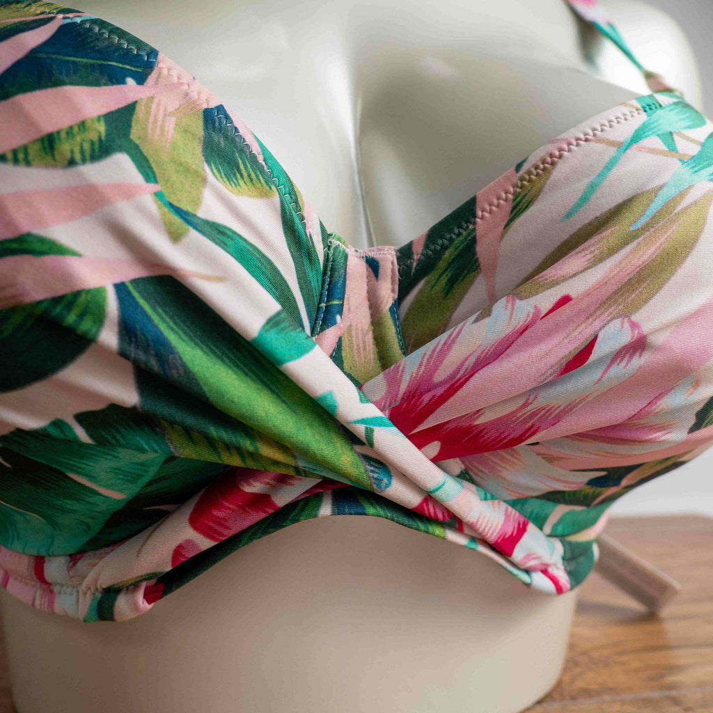 Fantasie women's bikini top beige green pink tropical floral print adjustable straps