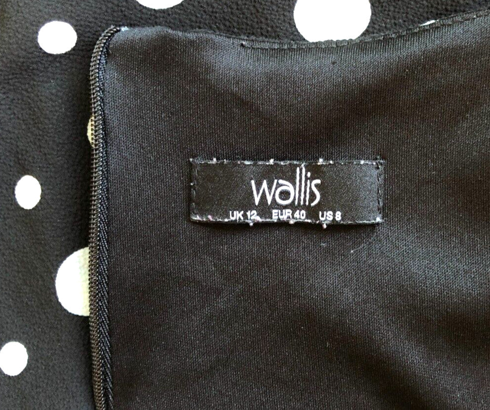 Wallis Dress UK12 Black/White Spot Fit and Flare Knee Length Sleeveless