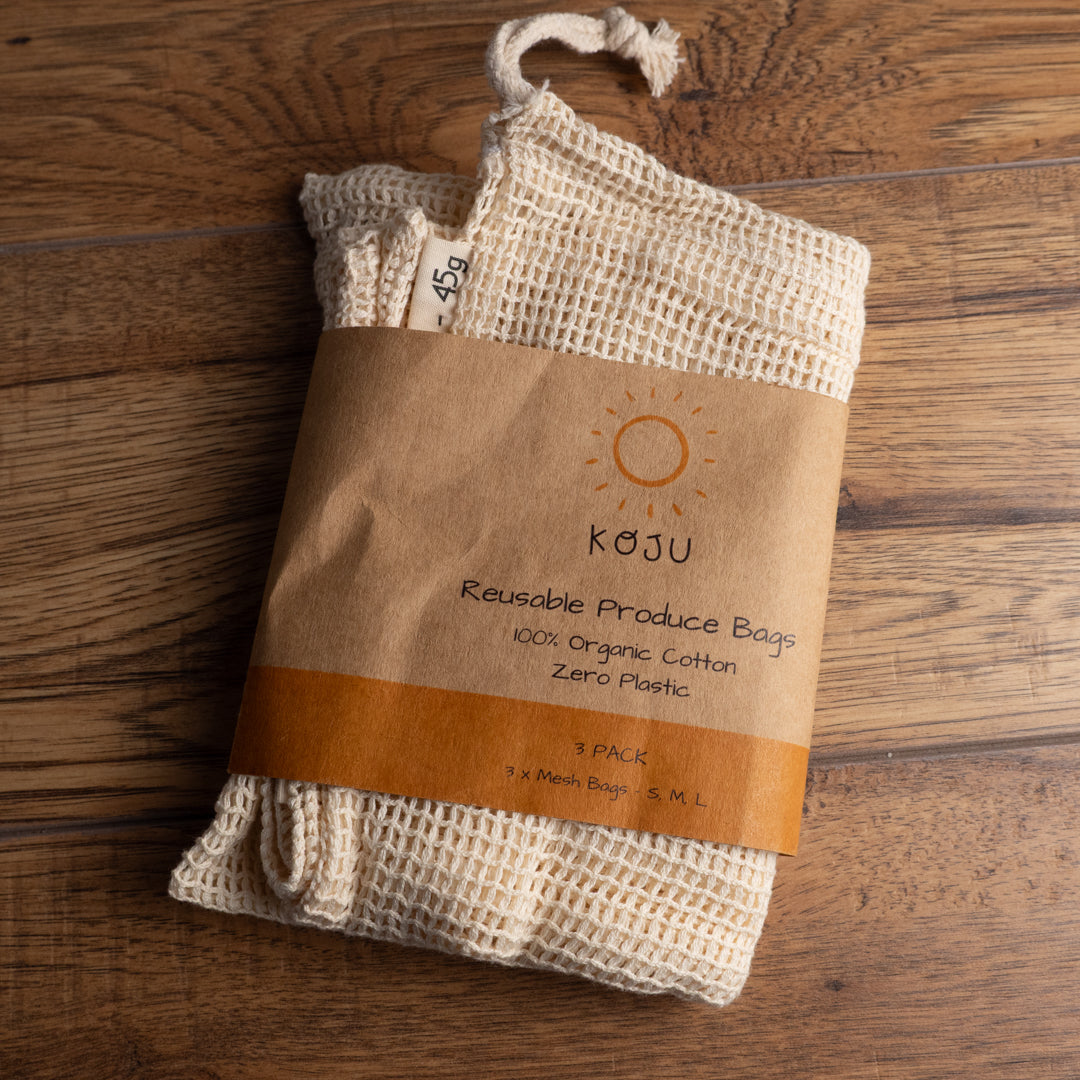 Koju 3 Pack Plastic Free Reusable Produce Bags 100% Organic Cotton