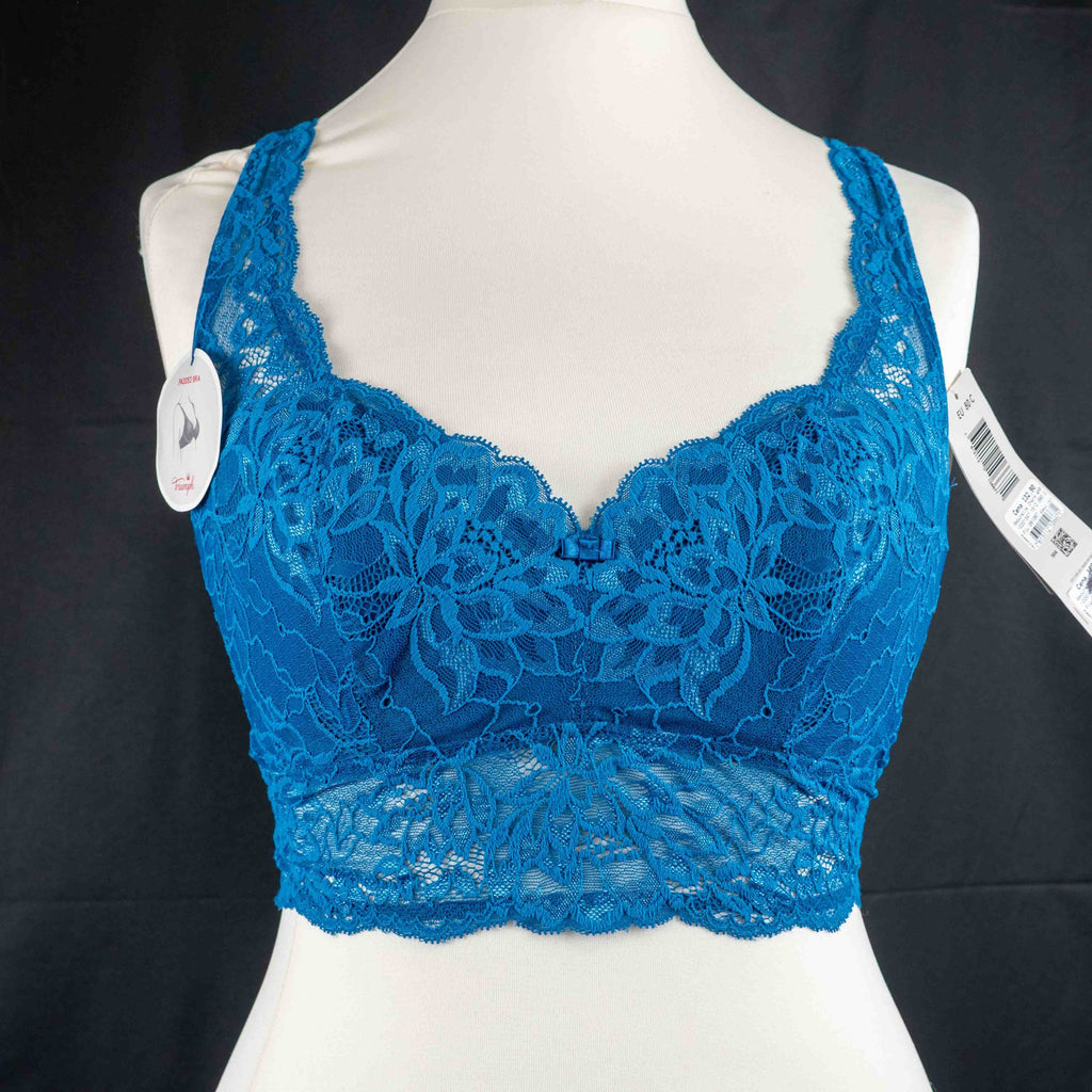 Triumph blue lace underwired bra with floral patterns and small bow detail.