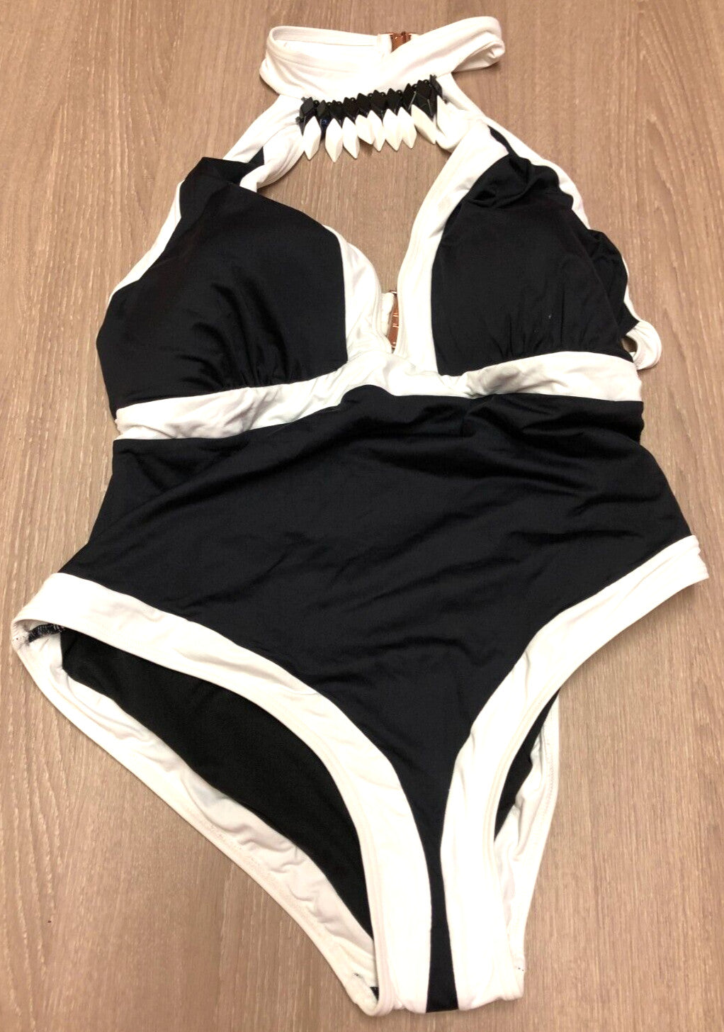 Figleaves Swimsuit UK26 Black/White Padded Plunge Choker Halterneck New + Tags