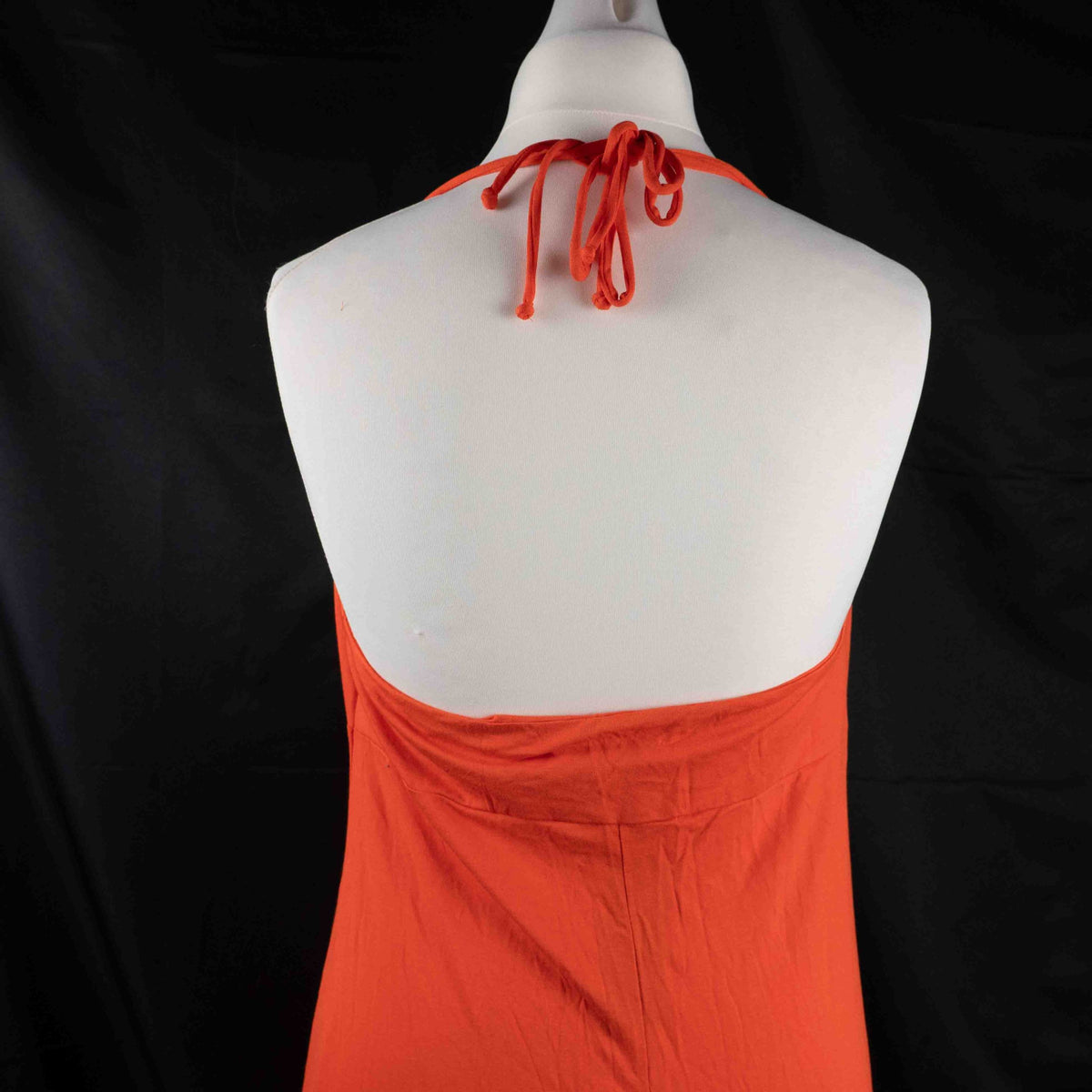 Bisbigli orange maxi dress with gold bar detailing on shoulder straps, lace material.