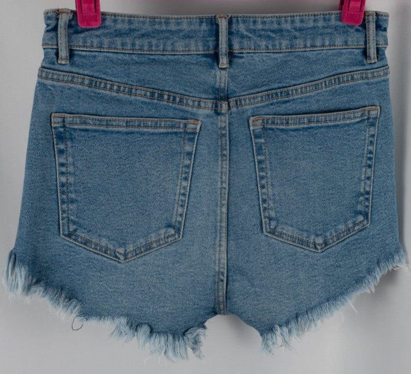 Zara blue frayed denim shorts with four pockets and belt loops, size 10.
