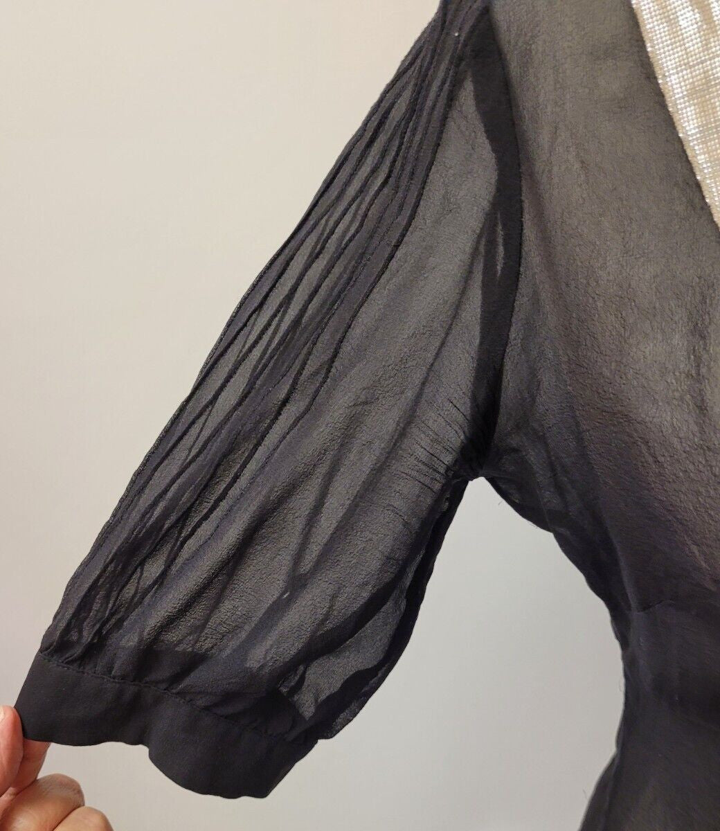Warehouse Blouse UK10 Black/Silver Scoop Neck Line Sheer Short Sleeve Pre-Owned