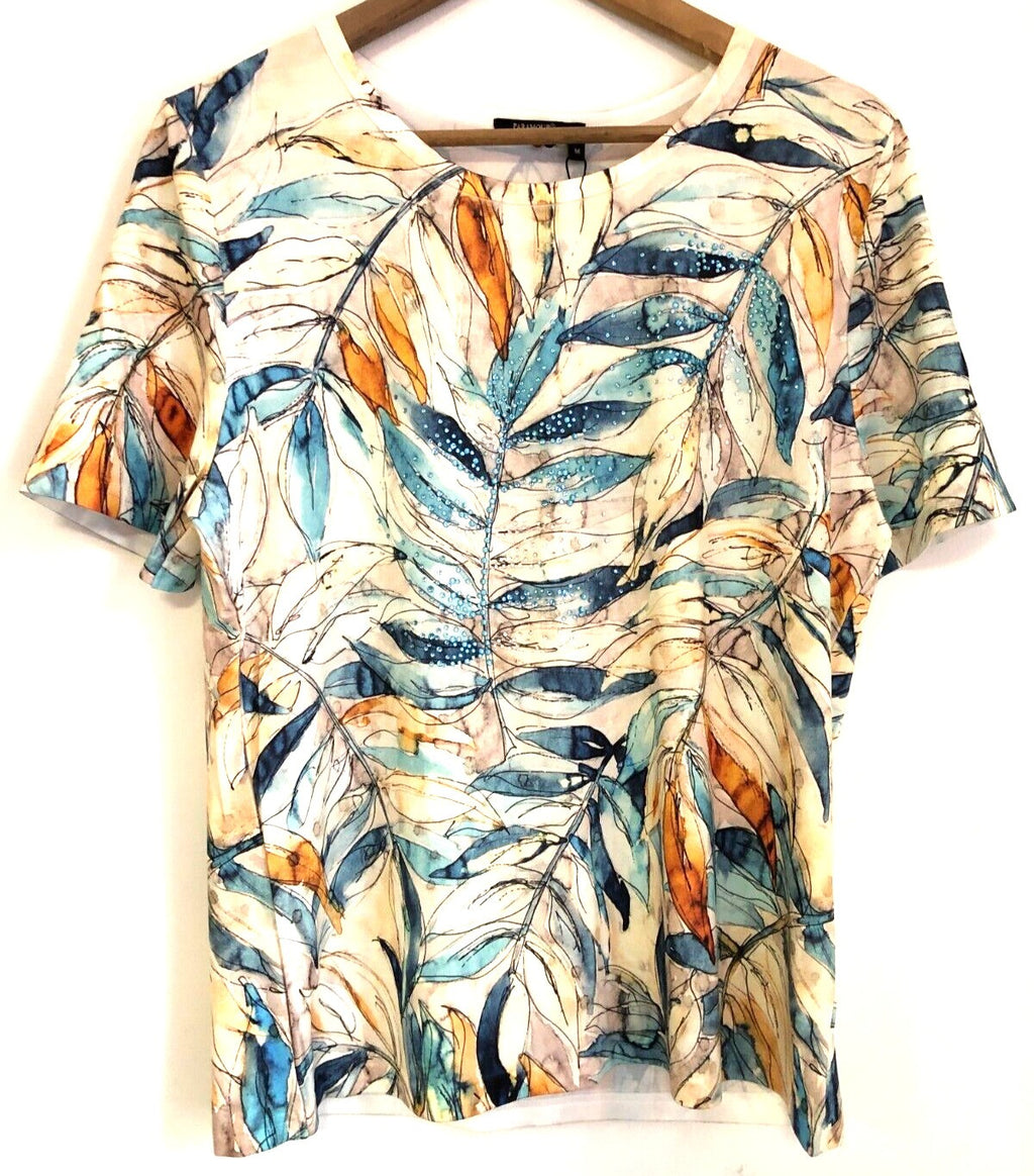 Paramour casual t-shirt multicoloured beige with blue and orange leaf print, gemstone detailing.