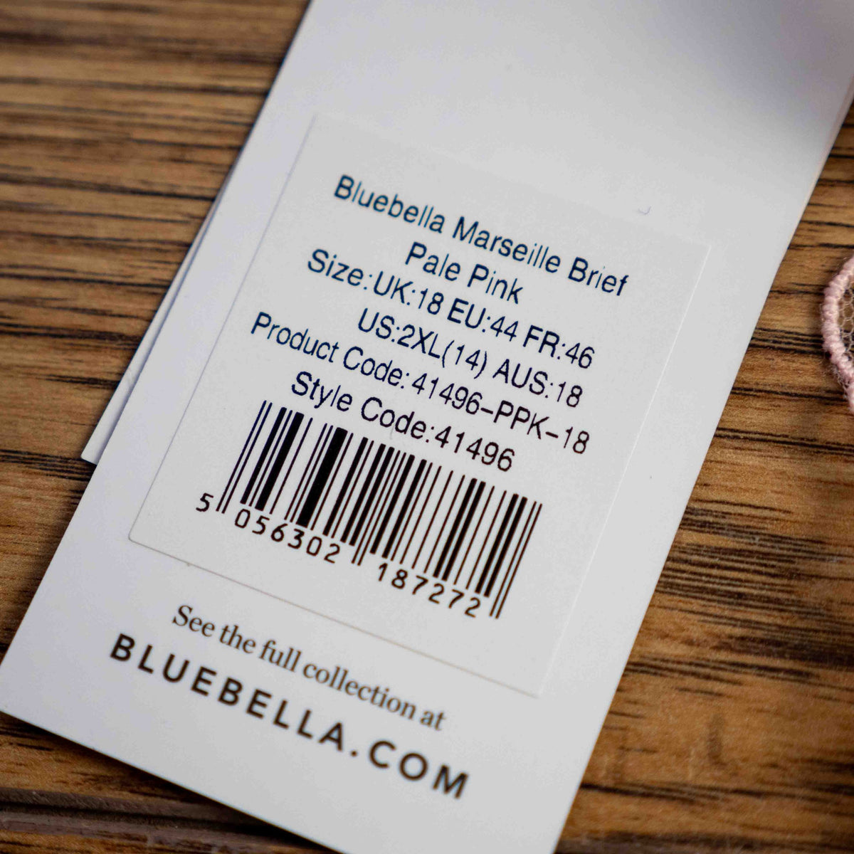 Bluebella pale pink lace briefs with delicate detailing and tags attached.