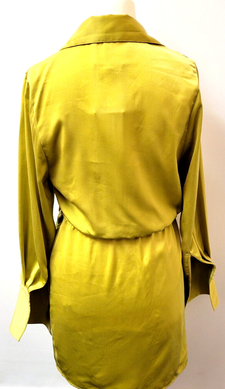 H&amp;M Wrap Dress UK10 Lime/Yellow Satin Mini V-Neck Long Sleeve New with Tags