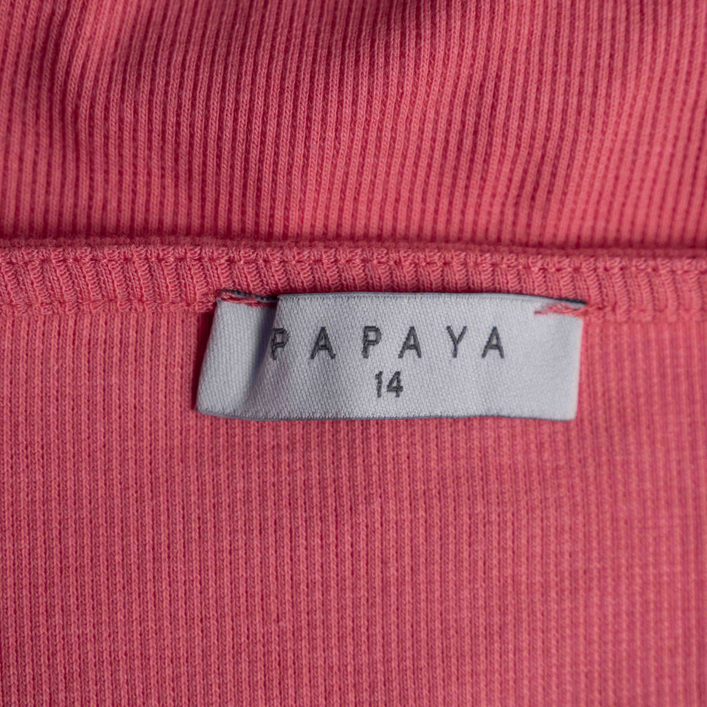 Papaya pink midi dress with ruffle sleeves and soft ribbed knit fabric.
