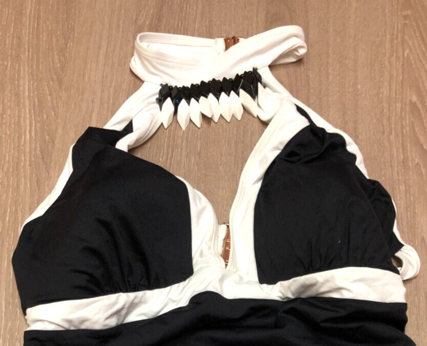 Figleaves Swimsuit UK26 Black/White Padded Plunge Choker Halterneck New + Tags