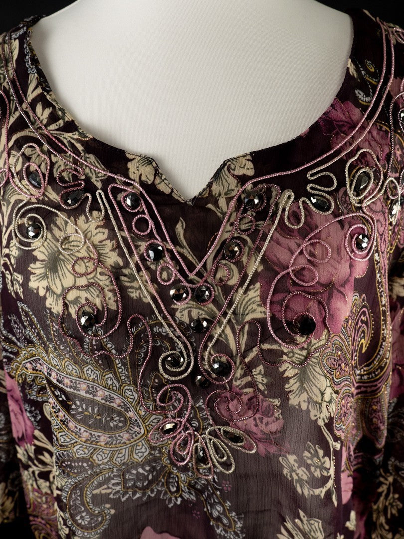 Rijiari purple semi-sheer floral top with beaded pattern and half sleeves.