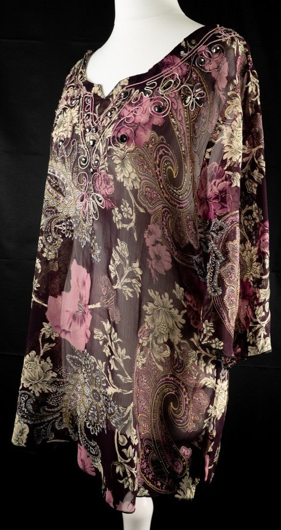 Rijiari purple semi-sheer floral top with beaded pattern and half sleeves.