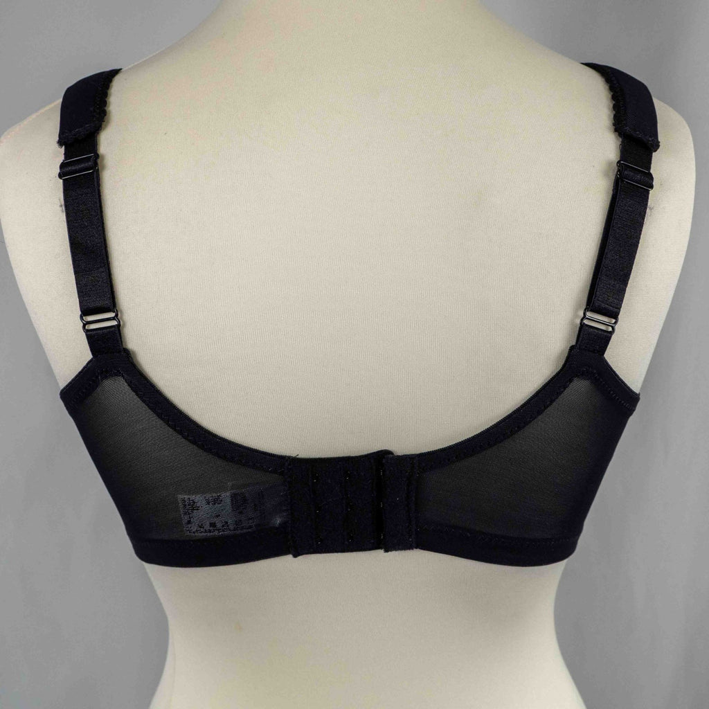 Glamorise black floral bra with pink and white pattern, adjustable straps, non-padded design.