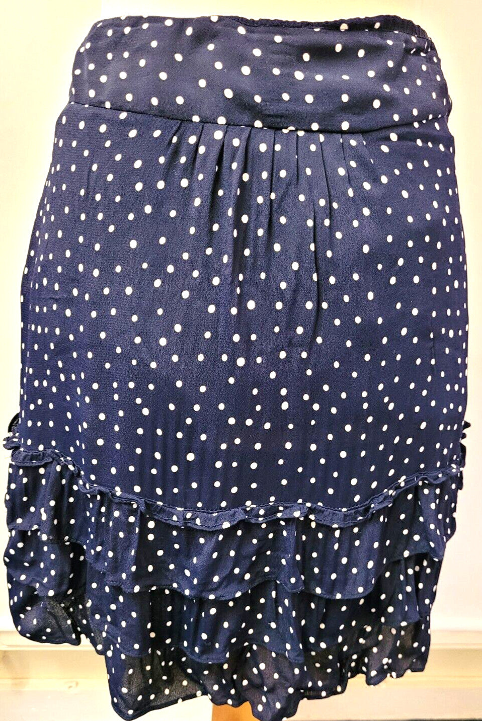 Monsoon Skirt UK10 Navy/White Polka Dot Tiered Bottom Knee Length Pre-Owned