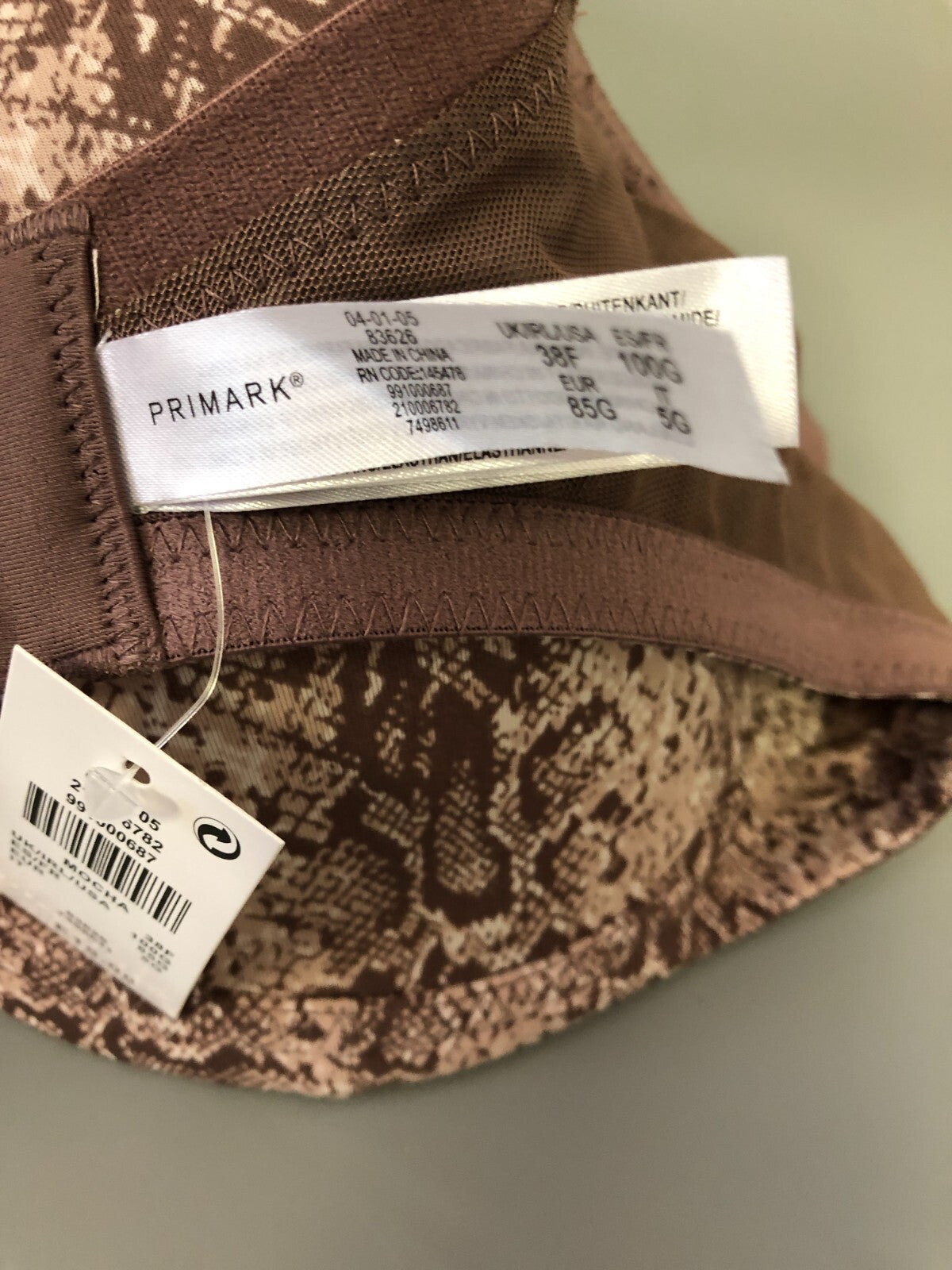 Primark Brown Print Underwired 38F Bra New With Tag