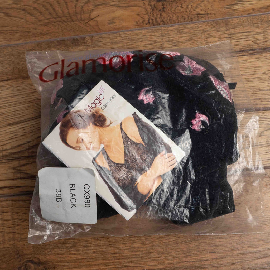 Glamorise black floral bra with pink and white pattern, adjustable straps, non-padded design.