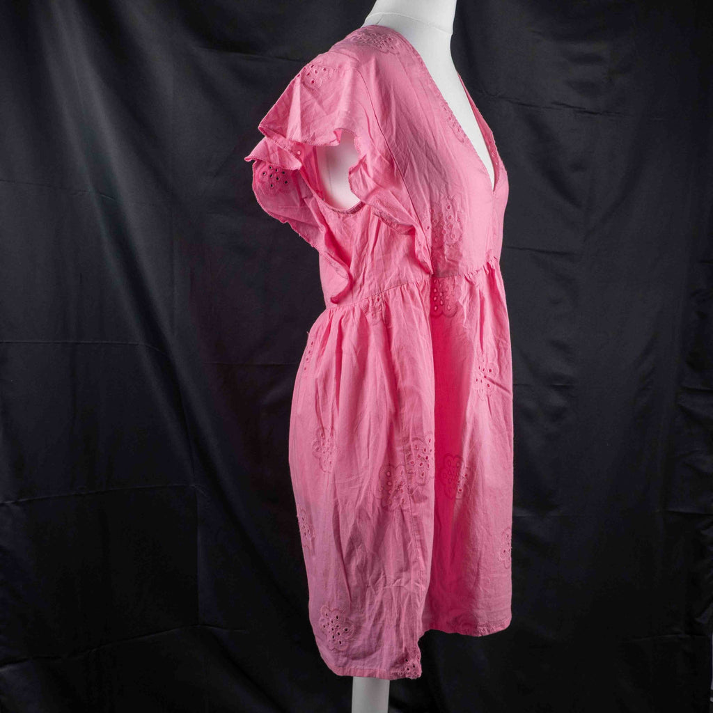Papaya pink casual dress with embroidered floral patterns and flutter sleeves.