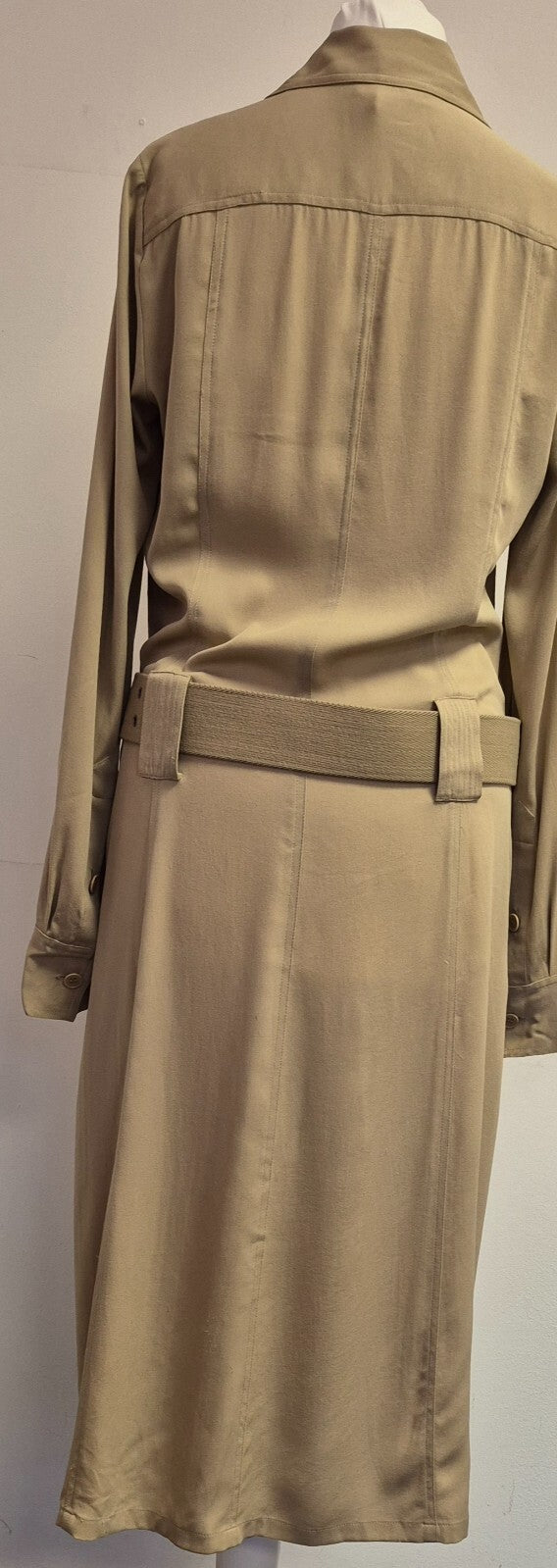 DKNY Dress UK8 Khaki Button Through Midi 90% Silk Belted  Pre-Owned
