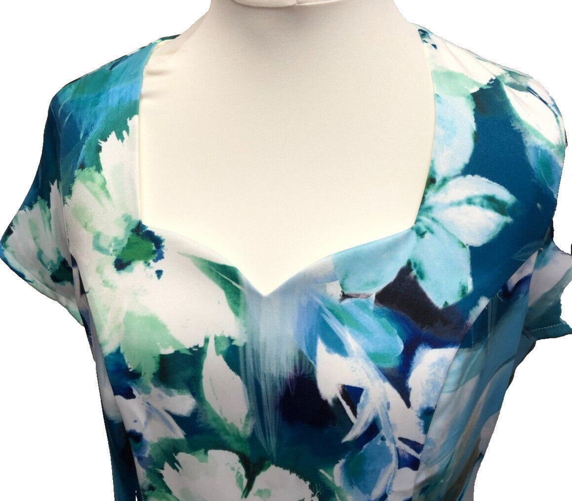 Dress UK16 Blue/Turquoise Floral Print Knee Length Short Sleeve by Nightingales