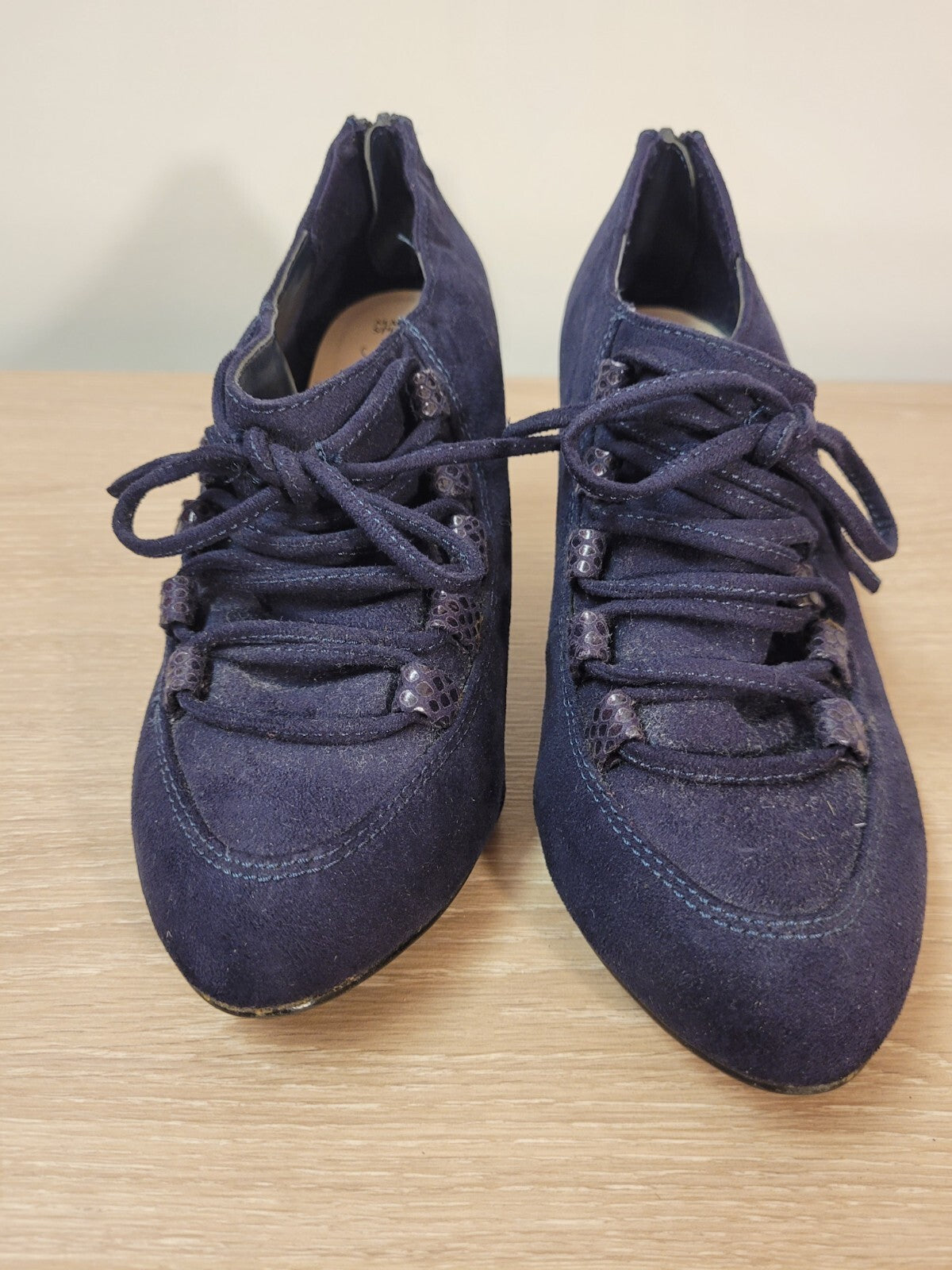 M&amp;S Ankle Shoes UK 4 Navy Suede Lace Detail Back Zip Pre-Owned