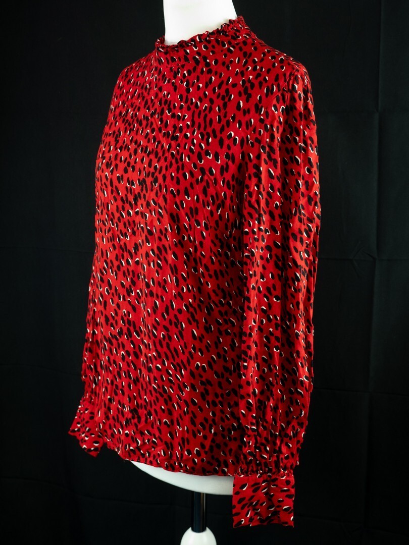 New Look red blouse with black accents, high neck, single button, 100% viscose.