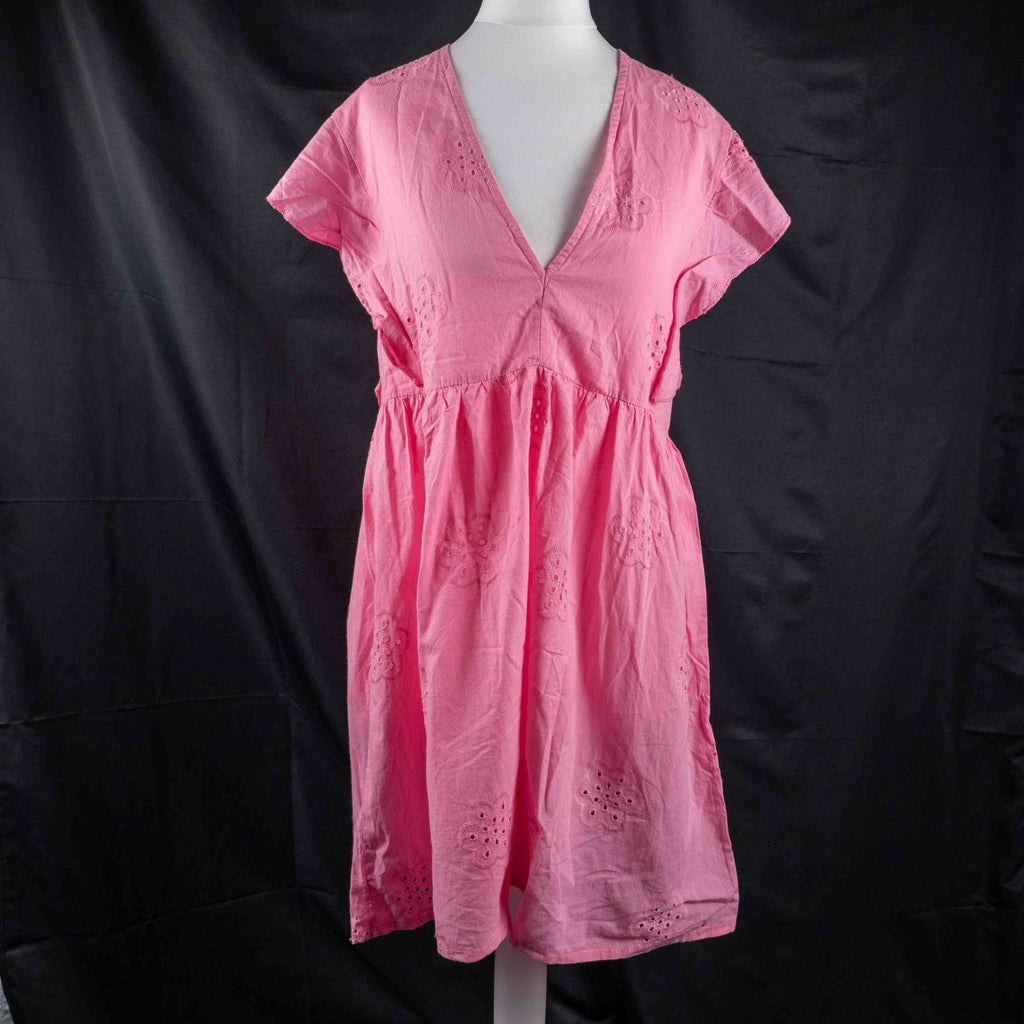 Papaya pink casual dress with embroidered floral patterns and flutter sleeves.