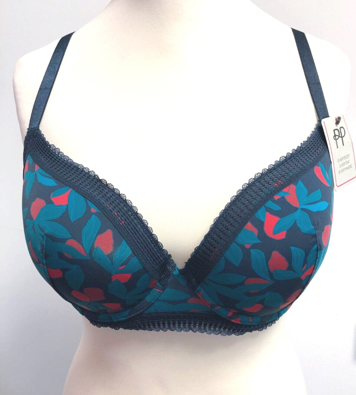 Pretty Polly Bra 36D Navy/Red Tropics Print Plunge Underwired Padded BNWT