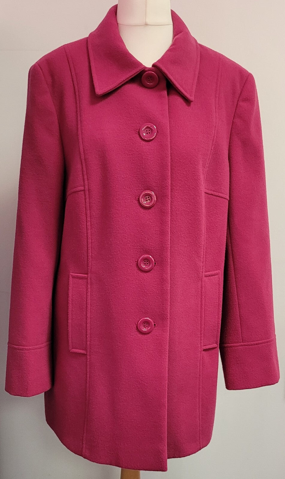 EWM Coat UK16 Raspberry Button Through Collared Mid Length Pre-Owned