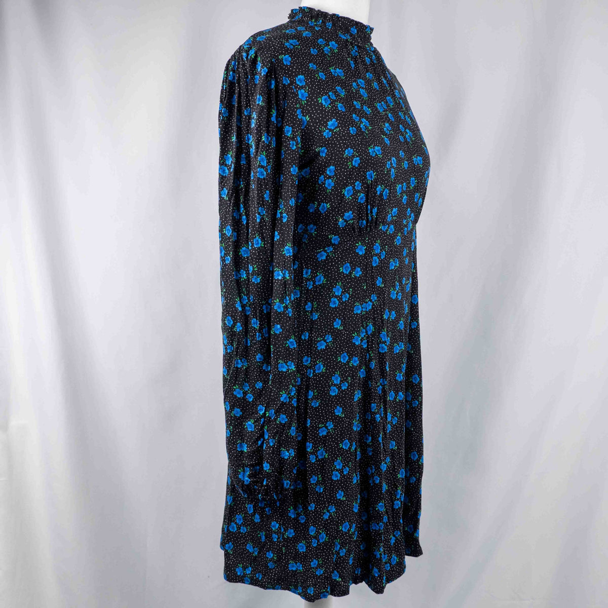 New Look black dress with blue floral print, ruffled high neckline, long sleeves.