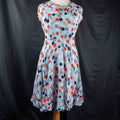 Hobbs London blue multicolour polka dot dress with ruffle hem and fitted waist.