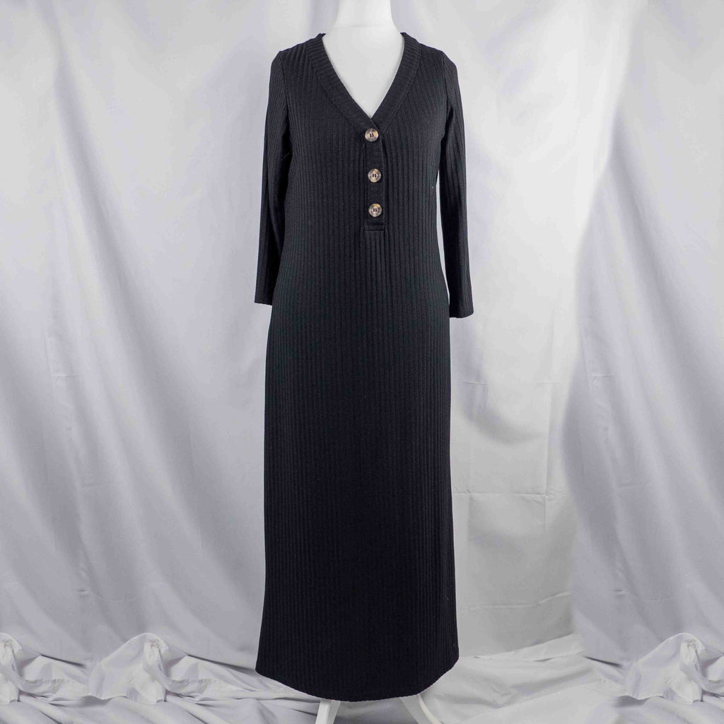 Unbranded black ribbed maxi dress with V neckline and three decorative front buttons.