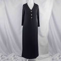 Unbranded black ribbed maxi dress with V neckline and three decorative front buttons.