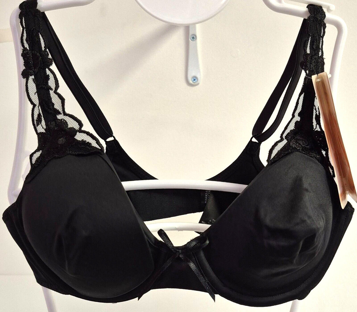 M&amp;S Bra 34A Black T-Shirt Underwired Padded High Lace Apex New with Tags