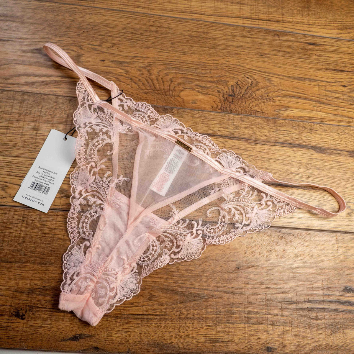 Bluebella pale pink lace briefs with delicate detailing and tags attached.