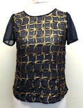 Maison Jules Womens Top Small Navy/Gold Sequined Short Sleeve Round Neck
