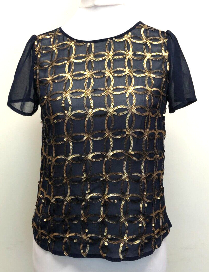Maison Jules Womens Top Small Navy/Gold Sequined Short Sleeve Round Neck