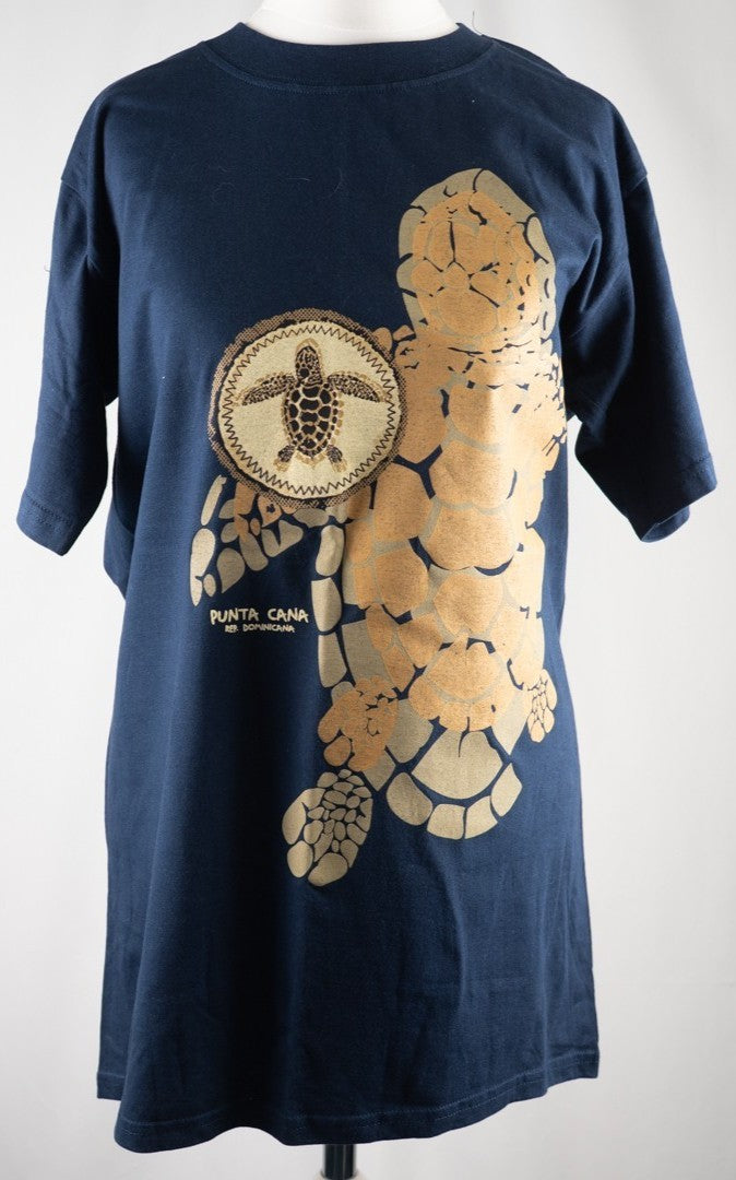 Caribbean Taino blue t-shirt featuring turtle print design on front, short sleeves.