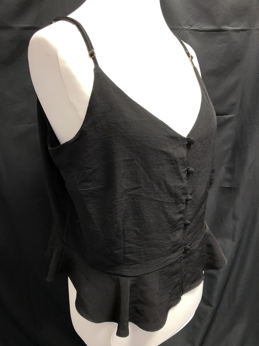 River Island black peplum cami top with button details and adjustable straps.