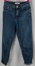 Topshop blue mom jeans with four pockets and belt loops, 100% cotton.