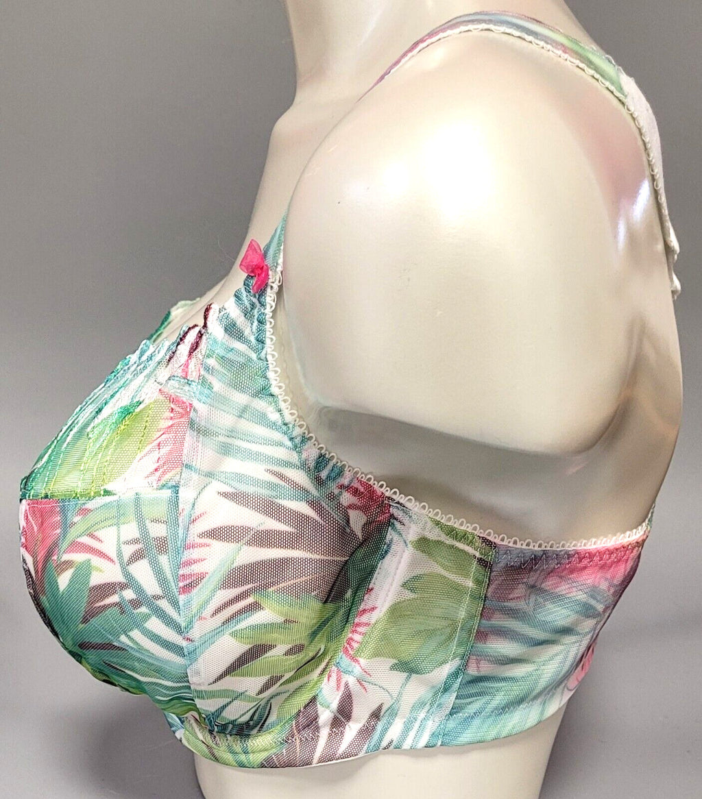 ELOMI Bra 42DD Green Tropical Print Plunge Underwired Kelly EL4330 BNWT