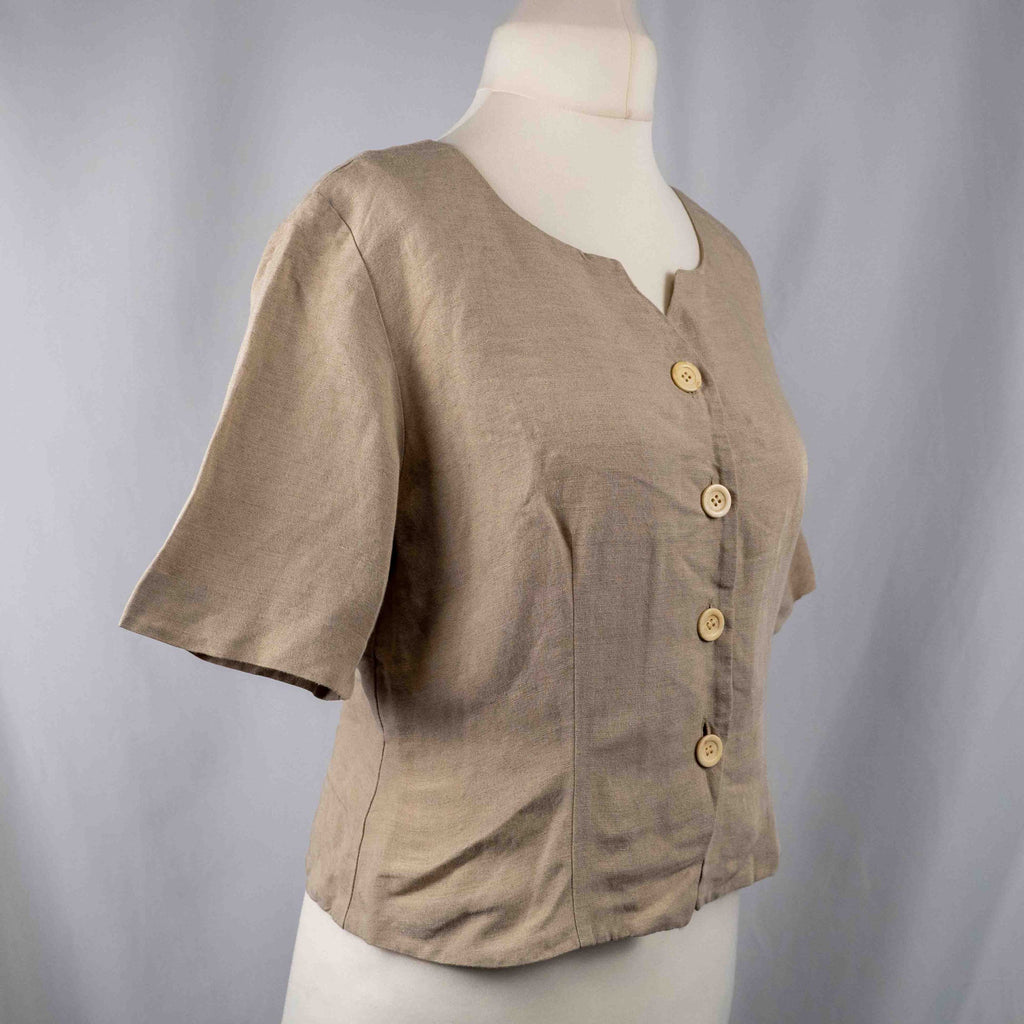 Jaeger beige linen tunic blouse with wooden buttons and back vent detail.
