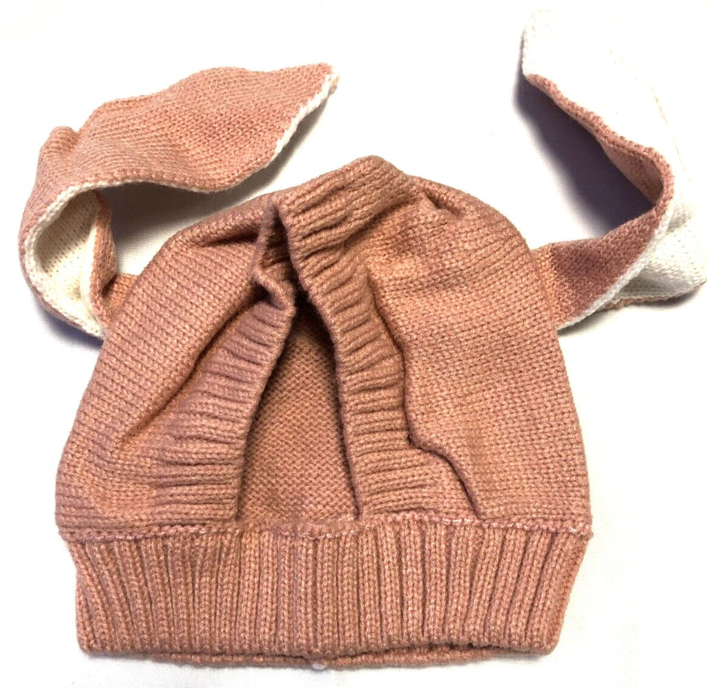 Toddlers brown knitted wooly hat with floppy rabbit ears, balaclava style.