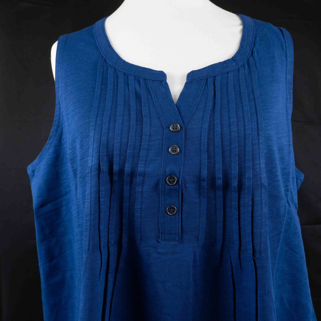 Yours navy blue sleeveless tunic top with scoop neckline and button placket details.